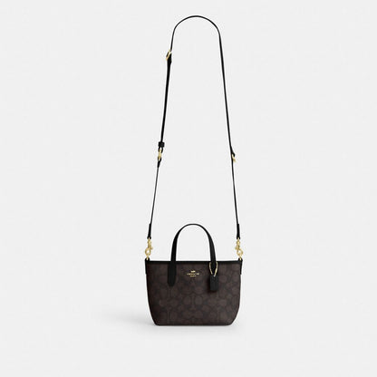 Coach City Mini Tote Bag In Signature Canvas Gold/Walnut/Black