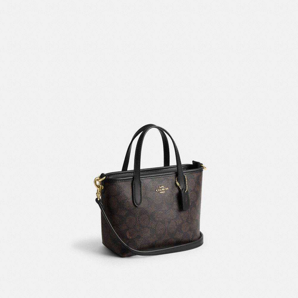 Coach City Mini Tote Bag In Signature Canvas Gold/Walnut/Black