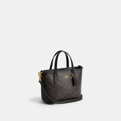 Coach City Mini Tote Bag In Signature Canvas Gold/Walnut/Black