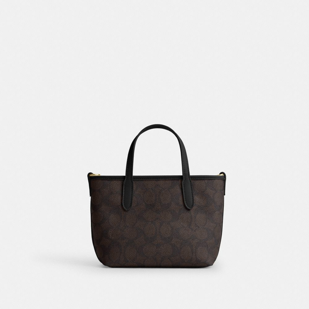 Coach City Mini Tote Bag In Signature Canvas Gold/Walnut/Black