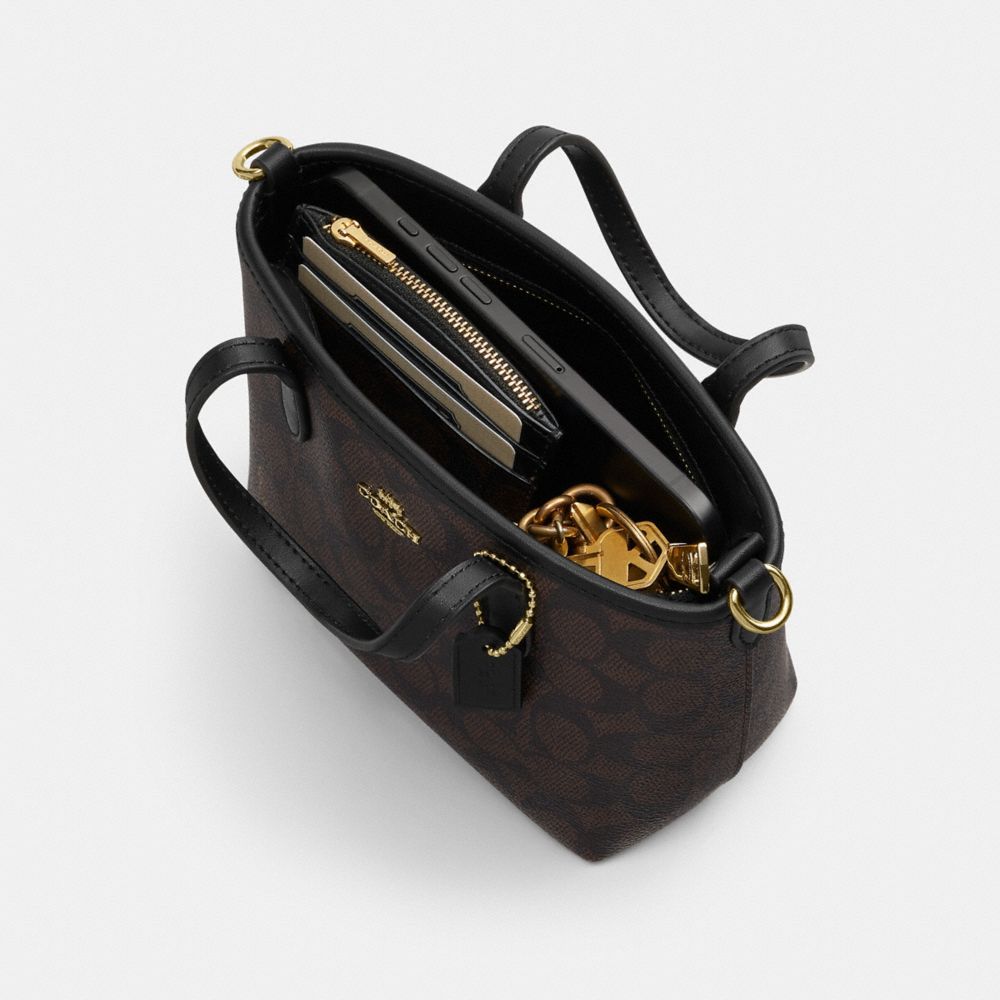Coach City Mini Tote Bag In Signature Canvas Gold/Walnut/Black