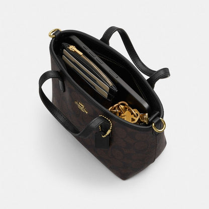 Coach City Mini Tote Bag In Signature Canvas Gold/Walnut/Black