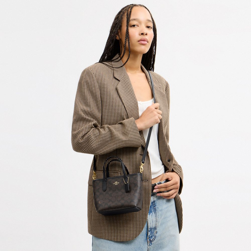 Coach City Mini Tote Bag In Signature Canvas Gold/Walnut/Black