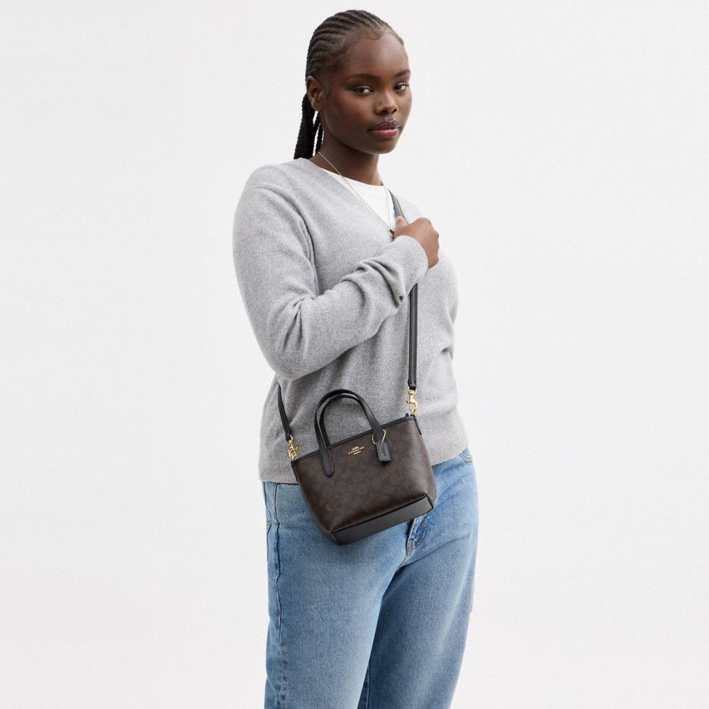 Coach City Mini Tote Bag In Signature Canvas Gold/Walnut/Black