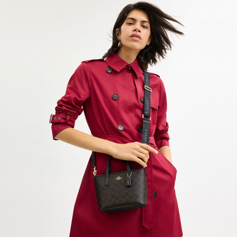 Coach City Mini Tote Bag In Signature Canvas Gold/Walnut/Black