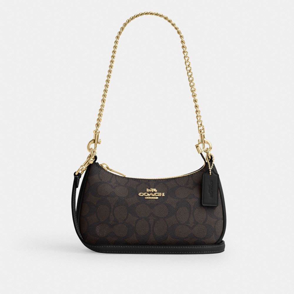 Coach Teri Mini Crossbody Bag In Signature Canvas Gold Walnut Black