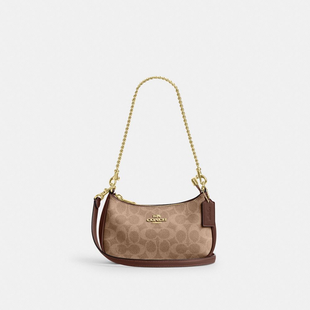 Coach Teri Mini Crossbody Bag In Signature Canvas Gold Tan Brown