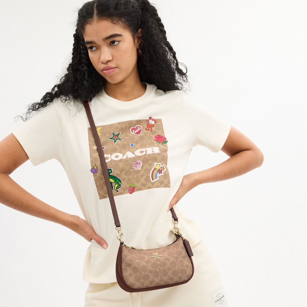 Coach Teri Mini Crossbody Bag In Signature Canvas Gold Tan Brown