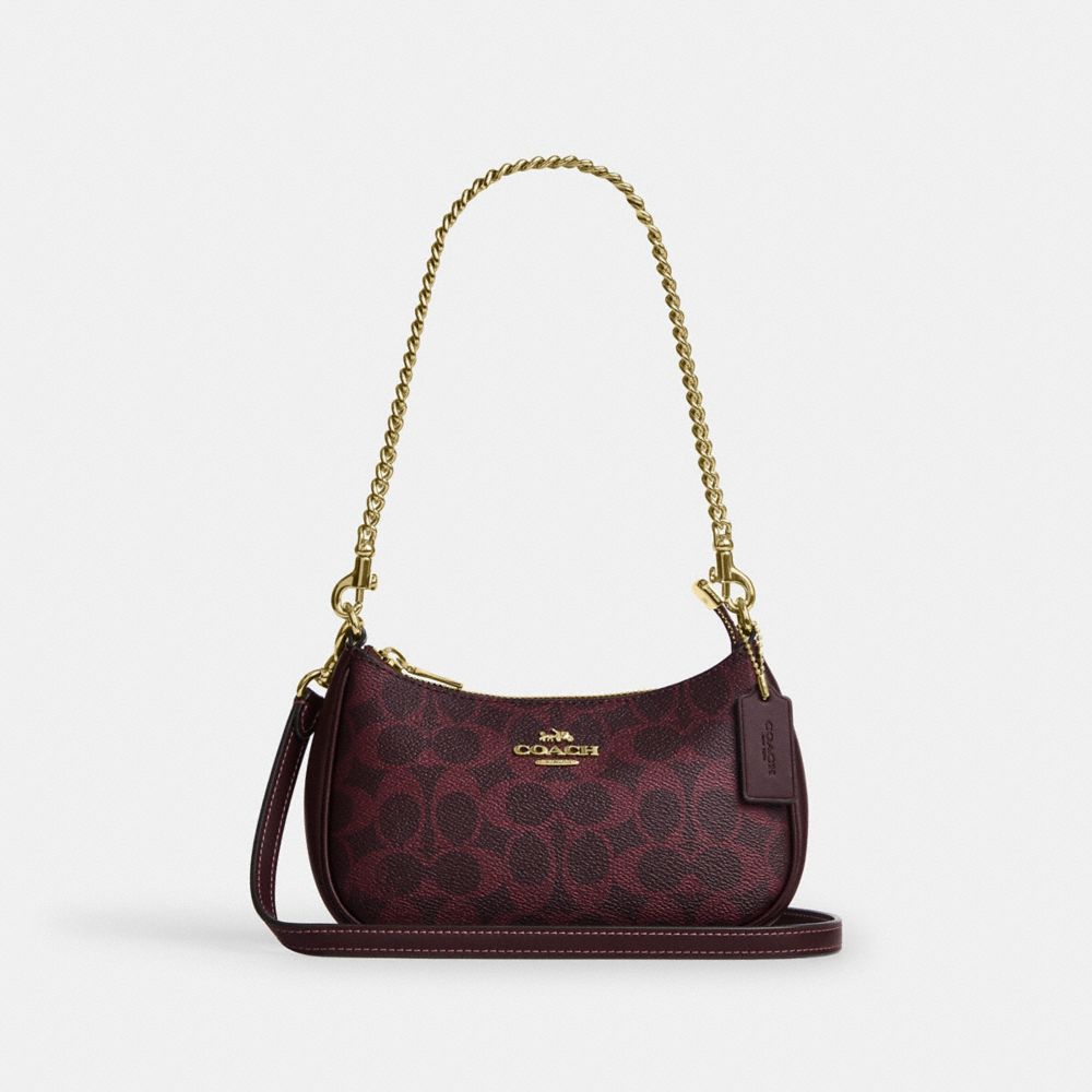 Coach Teri Mini Crossbody Bag In Signature Canvas Gold/Black Currant