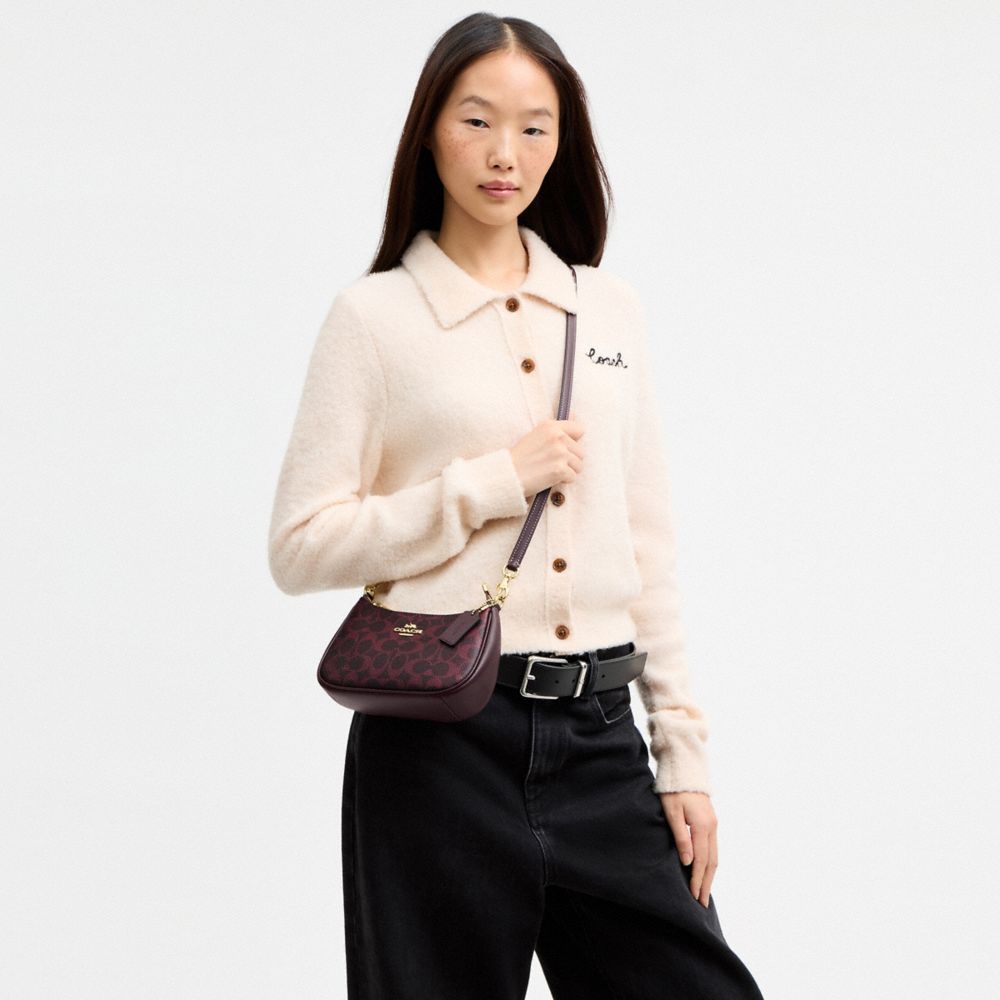 Coach Teri Mini Crossbody Bag In Signature Canvas Gold/Black Currant