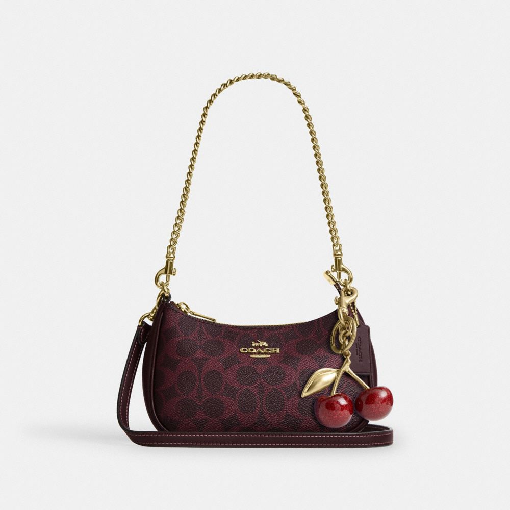 Coach Teri Mini Crossbody Bag In Signature Canvas Gold/Black Currant