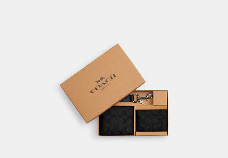 Boxed 3 In 1 Wallet Gift Set In Signature Canvas Gunmetal-Charcoal-Black Gunmetal-Charcoal-Black