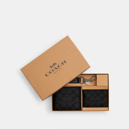 Coach Boxed 3 In 1 Wallet Gift Set In Signature Canvas Gunmetal Charcoal Black
