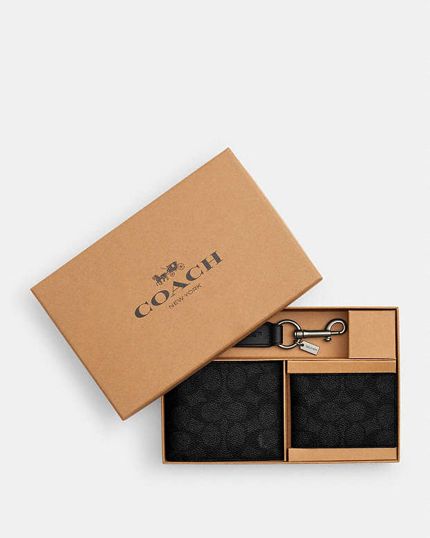 Boxed 3 In 1 Wallet Gift Set In Signature Canvas Signature Canvas-Gunmetal-Charcoal-Black Signature Canvas-Gunmetal-Charcoal-Black