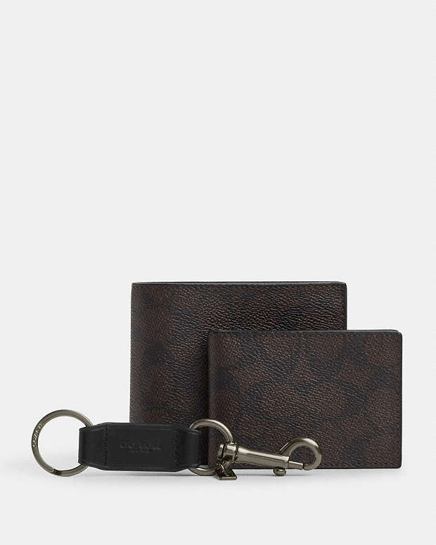 Boxed 3 In 1 Wallet Gift Set In Signature Canvas Signature Canvas-Qb-Walnut-Black Signature Canvas-Qb-Walnut-Black