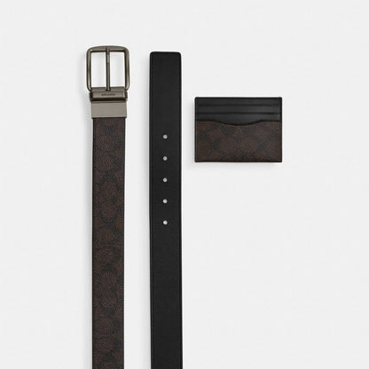 Coach Boxed Card Case And Belt Set In Signature Canvas Gunmetal Walnut Black