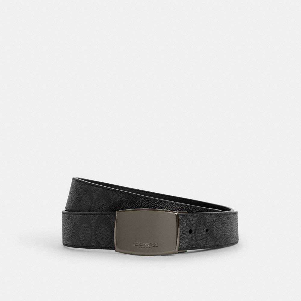 Coach Boxed Plaque And Harness Buckle Cut To Size Reversible Belt, 38 Mm Gunmetal Charcoal Black
