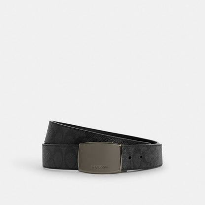 Coach Boxed Plaque And Harness Buckle Cut To Size Reversible Belt, 38 Mm Gunmetal Charcoal Black