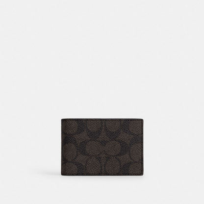 Coach Compact Billfold Wallet In Signature Canvas Walnut & Black