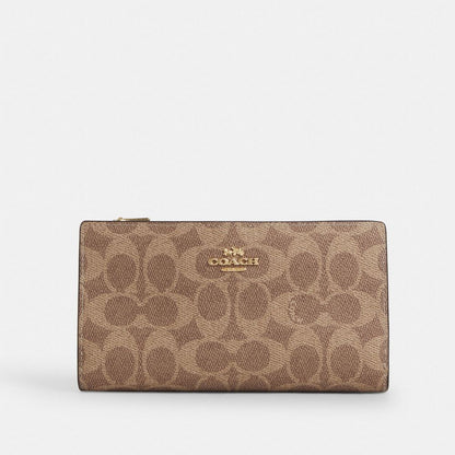 Coach Slim Zip Wallet In Signature Canvas Gold Tan Brown