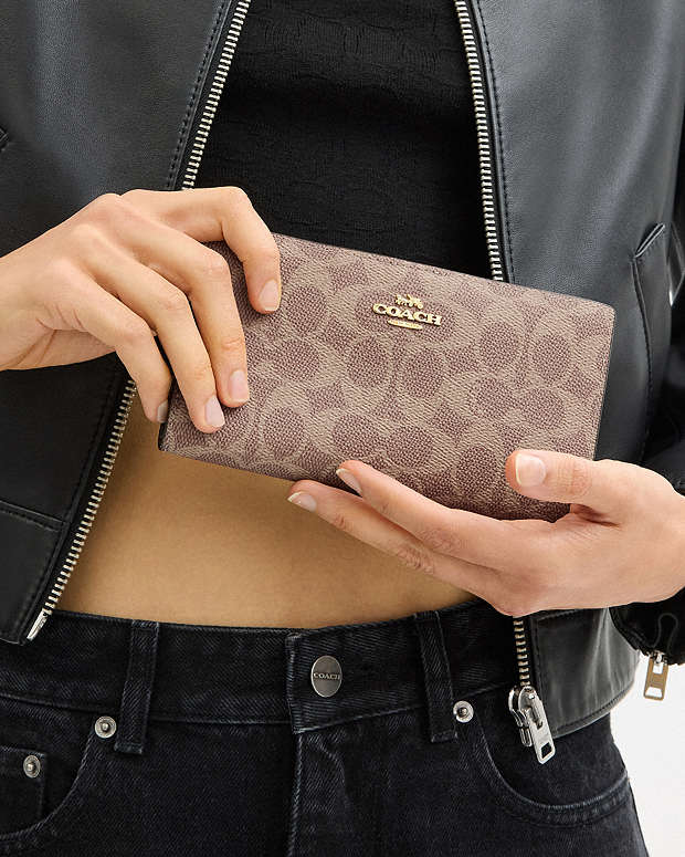 Slim Zip Wallet In Signature Canvas Signature Canvas-Gold-Tan-Brown Signature Canvas-Gold-Tan-Brown