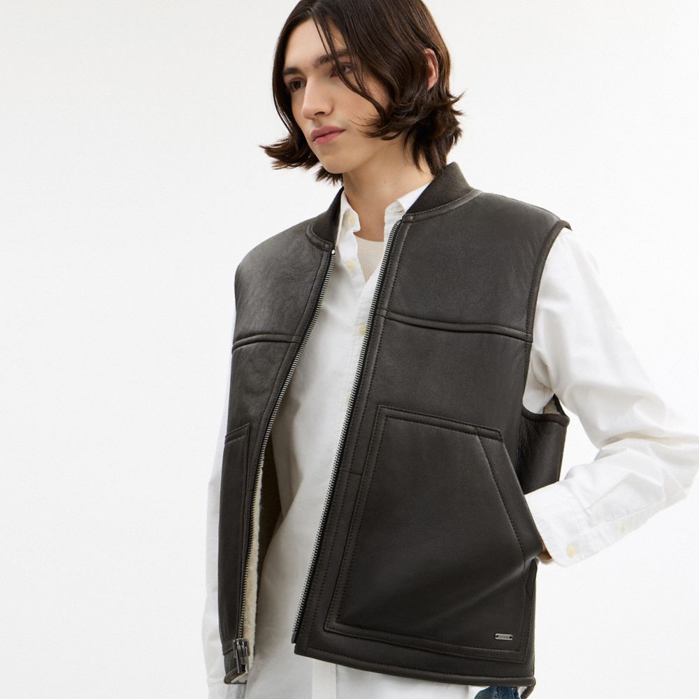 Coach Reversible Shearling Vest Smoked Wood