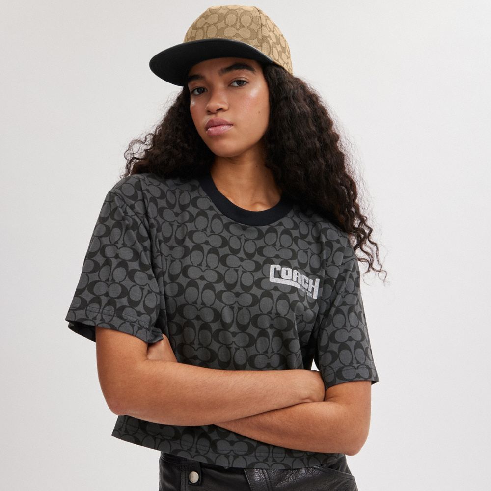 Coach Signature Jacquard Flat Brim Hat Khaki Black