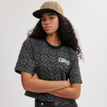 Coach Signature Jacquard Flat Brim Hat Khaki Black