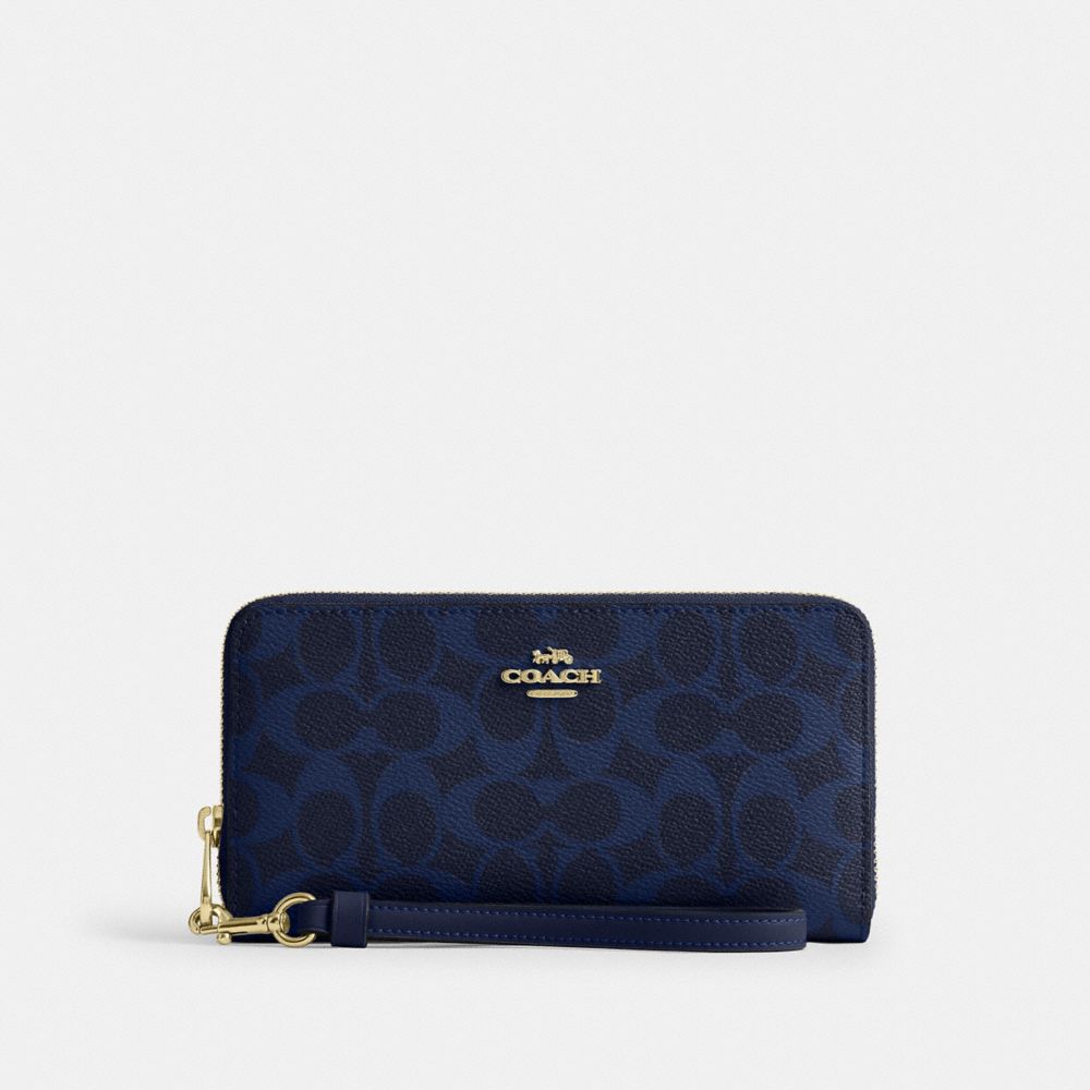 Coach Long Zip Around Wallet In Signature Canvas Gold/Navy