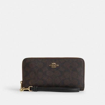 Coach Long Zip Around Wallet In Signature Canvas Gold Walnut Black