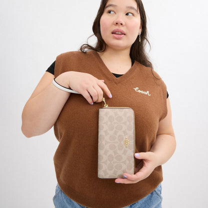 Coach Long Zip Around Wallet In Signature Canvas Gold Sand Chalk