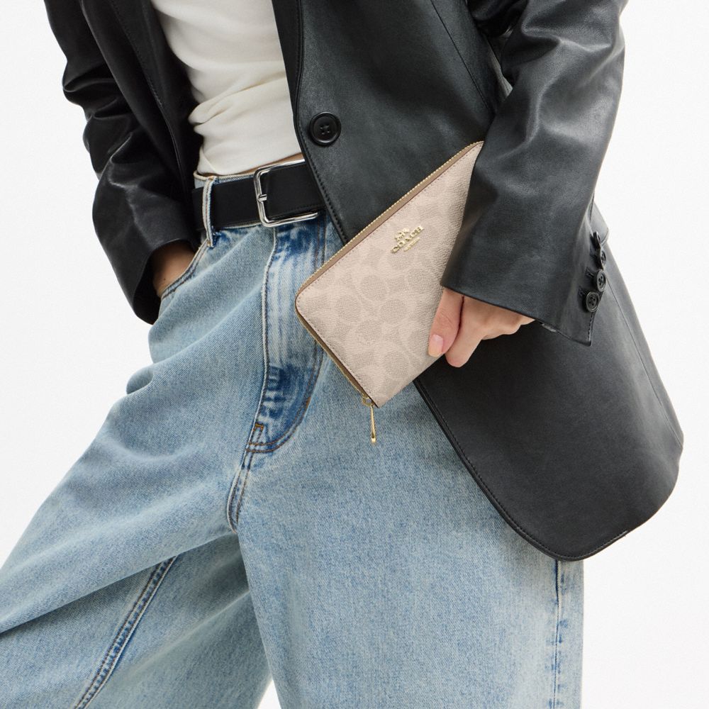 Coach Long Zip Around Wallet In Signature Canvas Gold/Sand/Chalk