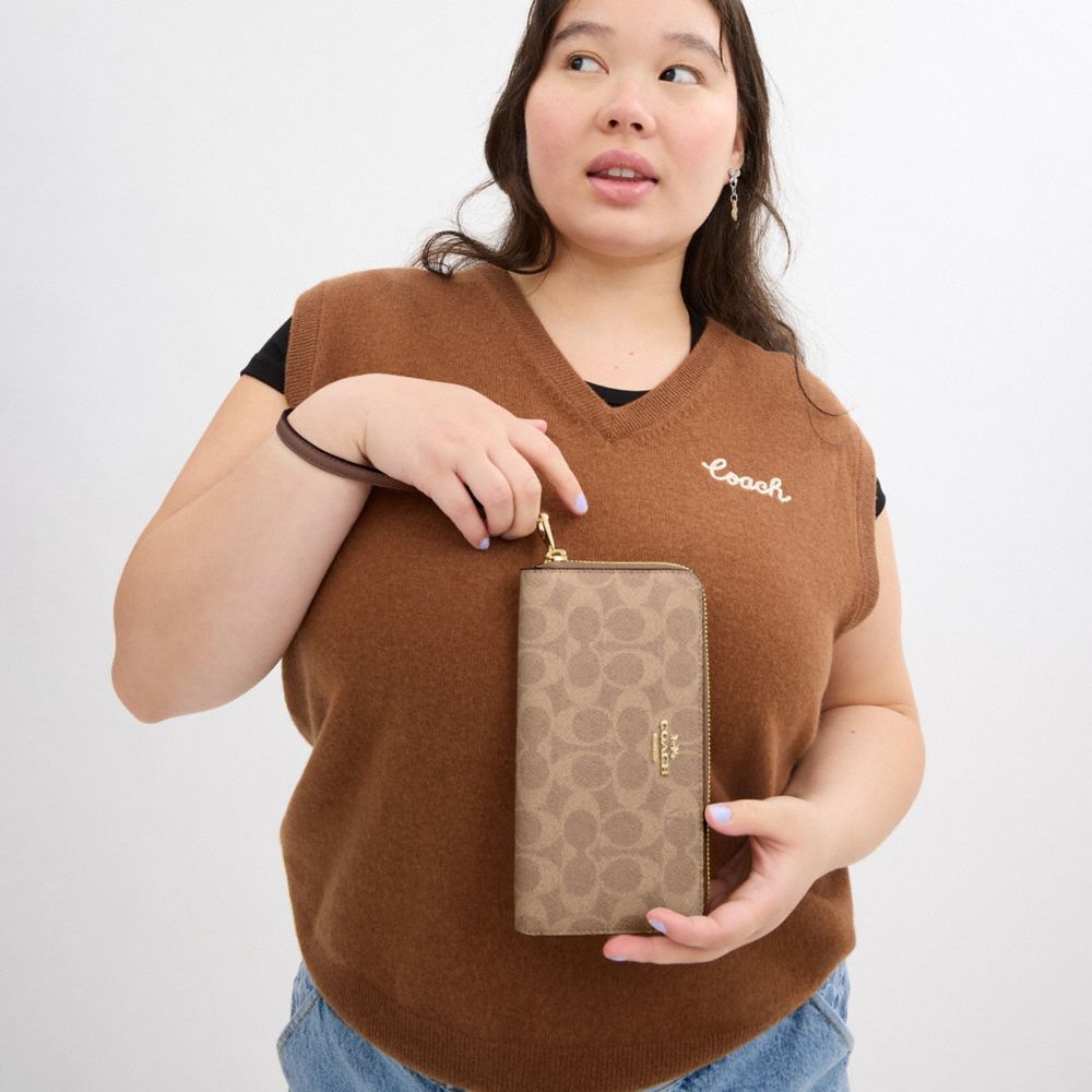 Coach Long Zip Around Wallet In Signature Canvas Gold Tan Brown