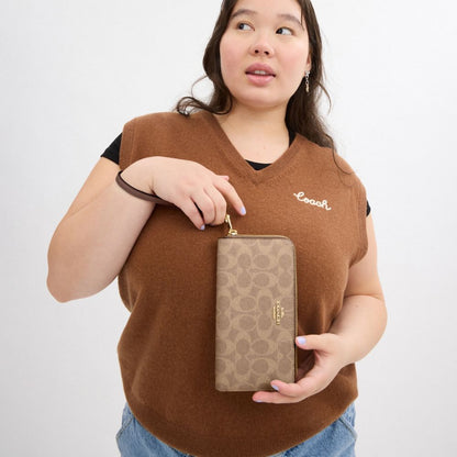 Coach Long Zip Around Wallet In Signature Canvas Gold Tan Brown
