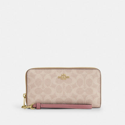 Coach Long Zip Around Wallet In Signature Canvas Gold Sand Peony