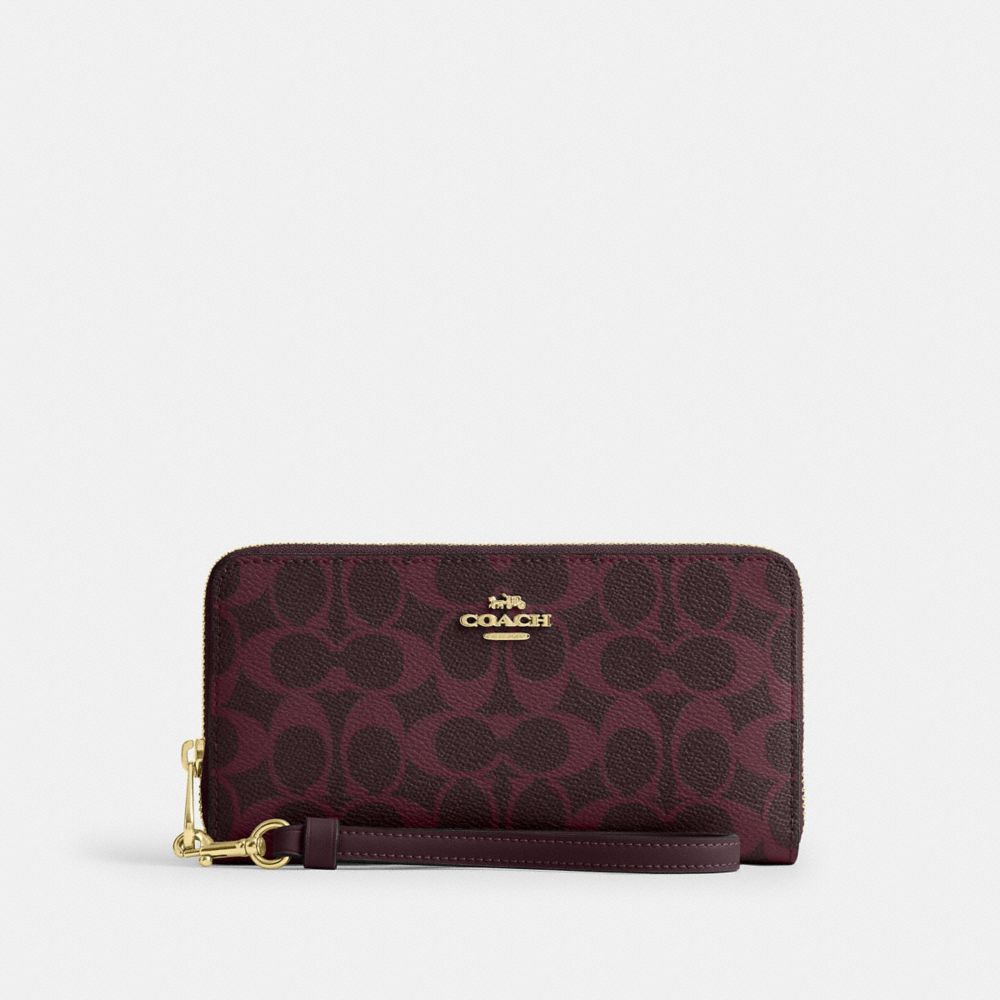 Coach Long Zip Around Wallet In Signature Canvas Gold/Black Currant