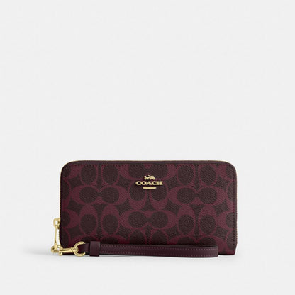 Coach Long Zip Around Wallet In Signature Canvas Gold/Black Currant