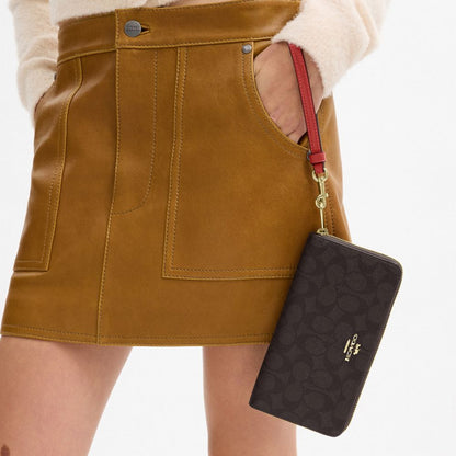 Coach Long Zip Around Wallet In Signature Canvas Gold Walnut True Red