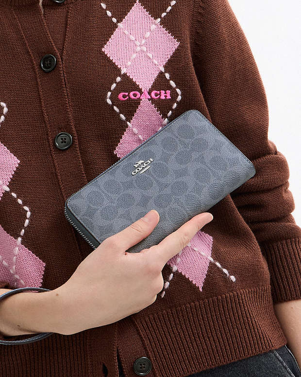 Long Zip Around Wallet In Signature Canvas Signature Canvas-Silver-Chambray Signature Canvas-Silver-Chambray
