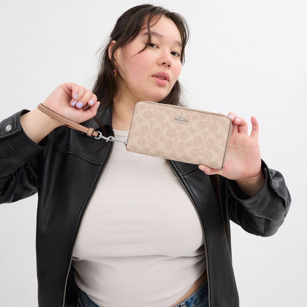 Coach Long Zip Around Wallet In Signature Canvas Silver/Sand/Taupe