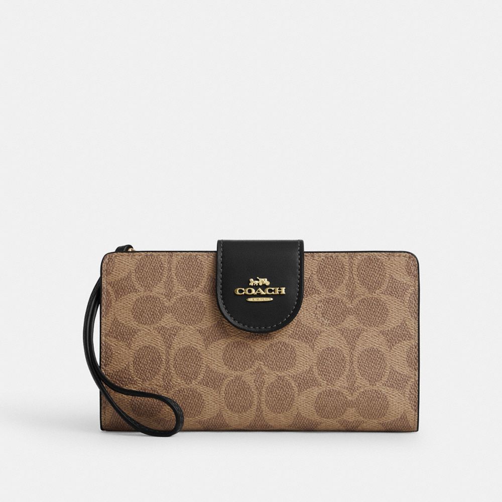 Coach Phone Wallet In Signature Canvas Gold Tan Black