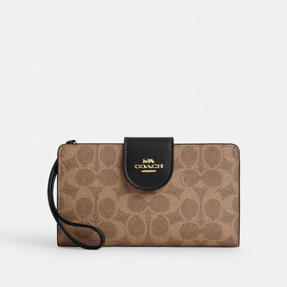 Coach Phone Wallet In Signature Canvas Gold Tan Black