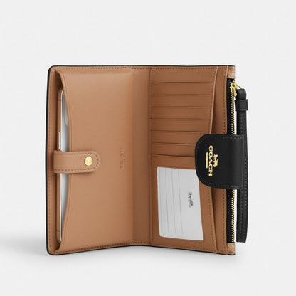 Coach Phone Wallet In Signature Canvas Gold Tan Black