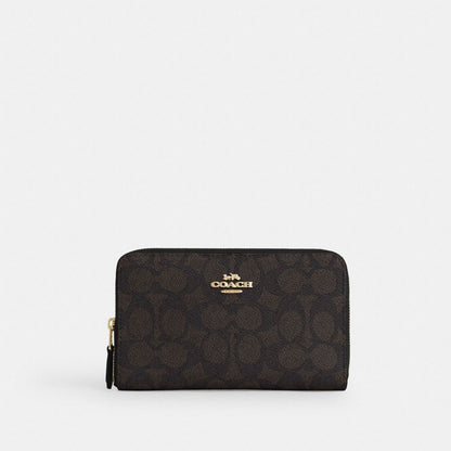 Coach Medium ID Zip Wallet In Signature Canvas Gold/Walnut/Black