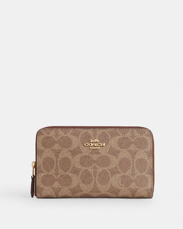 Medium Id Zip Wallet In Signature Canvas Signature Canvas-Gold-Tan-Brown Signature Canvas-Gold-Tan-Brown