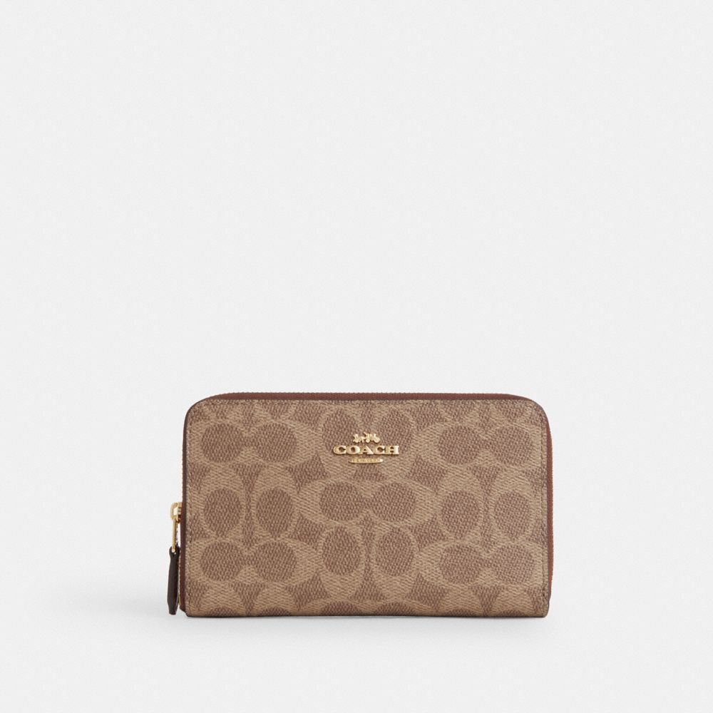Coach Medium ID Zip Wallet In Signature Canvas Gold/Tan/Brown