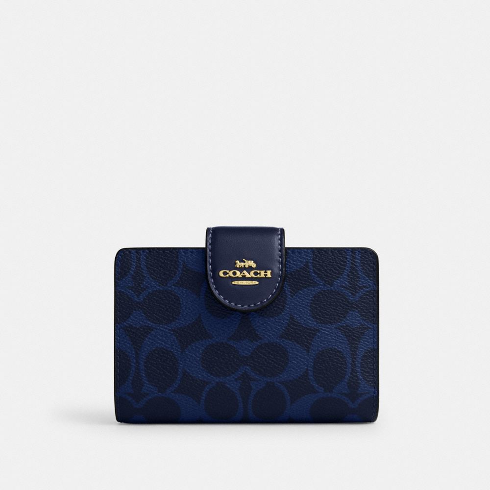 Coach Medium Corner Zip Wallet In Signature Canvas Gold/Navy