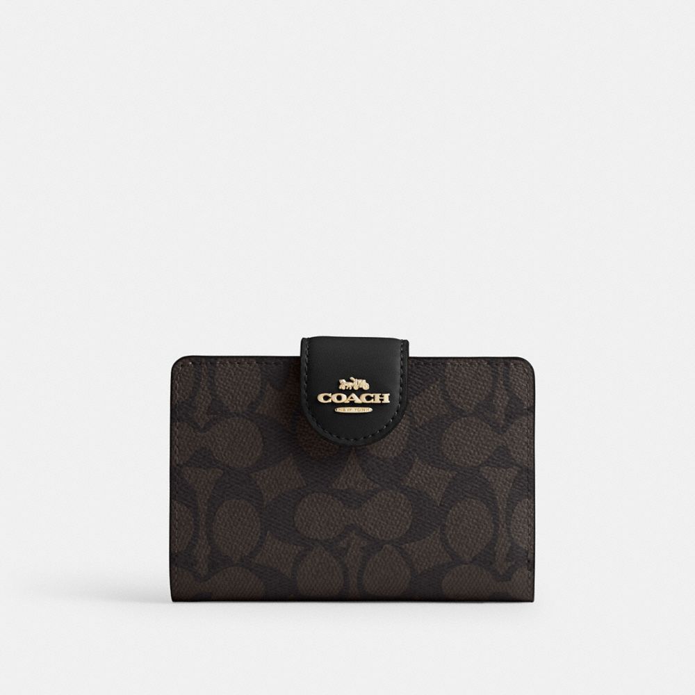 Coach Medium Corner Zip Wallet In Signature Canvas Gold/Walnut/Black