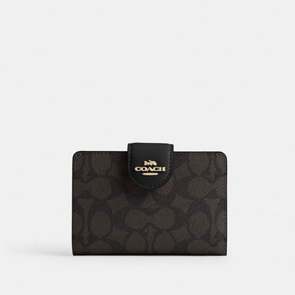 Coach Medium Corner Zip Wallet In Signature Canvas Gold/Walnut/Black