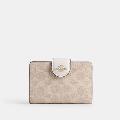 Coach Medium Corner Zip Wallet In Signature Canvas Gold/Sand/Chalk